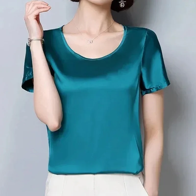 Women Tops and Blouses Office Lady Elegant Satin Blouses Round Collar Tops Summer Short Sleeve Solid Color Shirt Clothes 2126 50