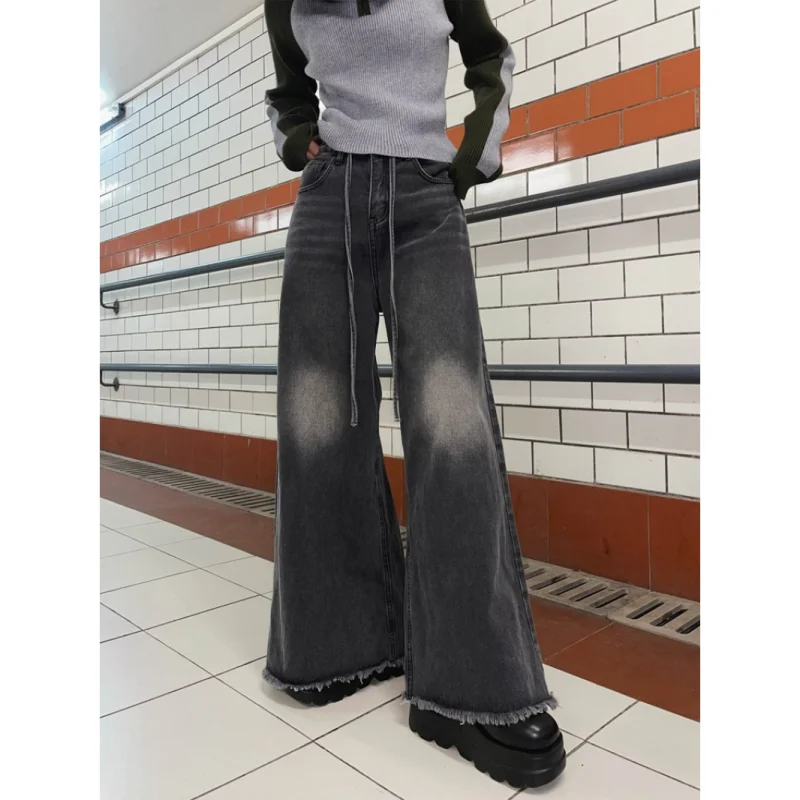 

New Fashion High Quality High Street Retro Washed Edge Flared Jeans High Waist Slim Straight Loose Wide Leg Pants Trendy
