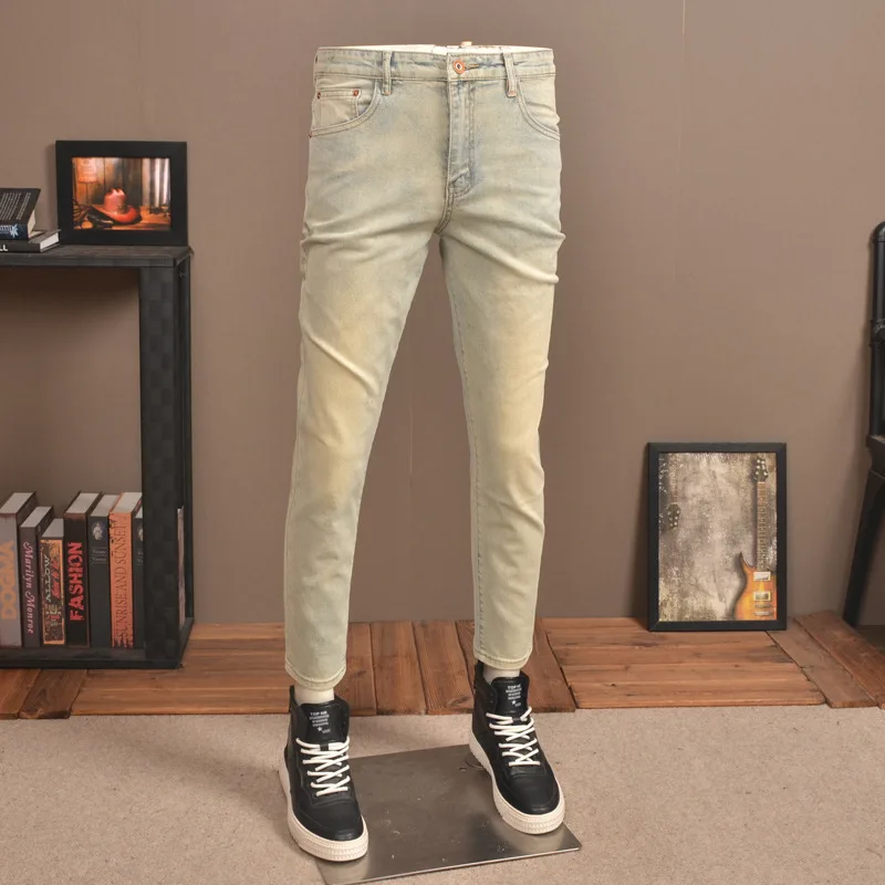 

2023 Summer Thin Retro Nostalgic Cropped Jeans Men's Fashion Brand Stretch Slim Fit Skinny Yellow Mud Casual Men's Trousers