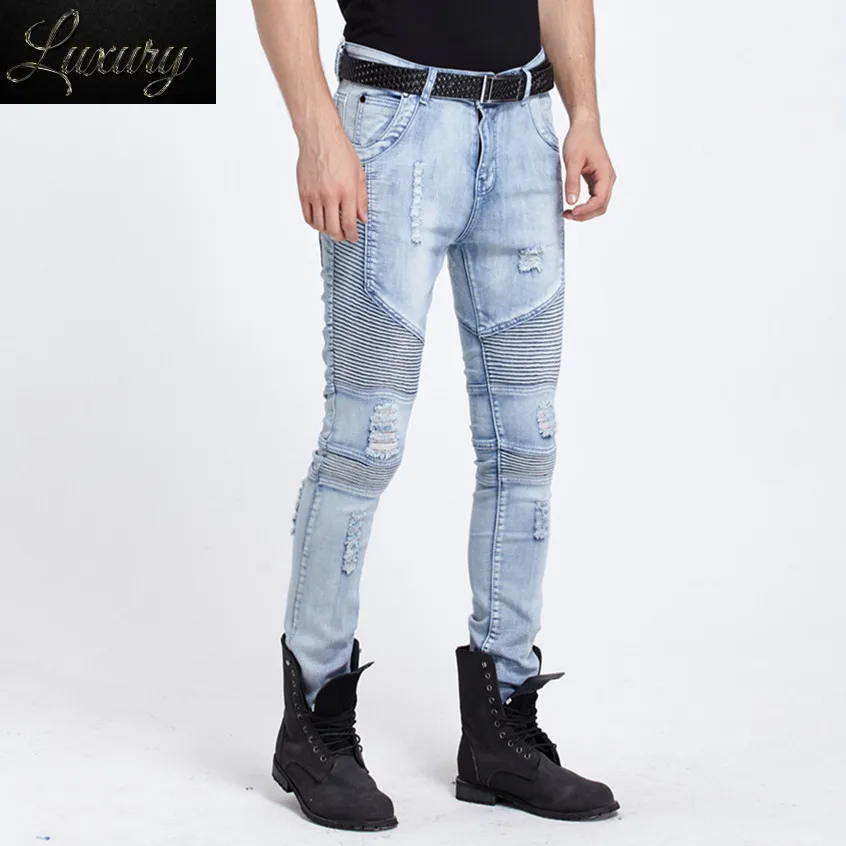 

Мужские эластичные рваные байкерские джинсы, светло-голубые узкие брюки kanye west, дизайнерские брендовые уличные брюки в стиле хип-хоп, мотоциклетные штаны, джоггеры