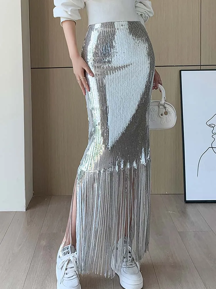 

Casual High Waist Elastic Slim Fit Half Skirt Sequin Tassel Skirt 2023 Autumn New Fashion Women'S Clothing