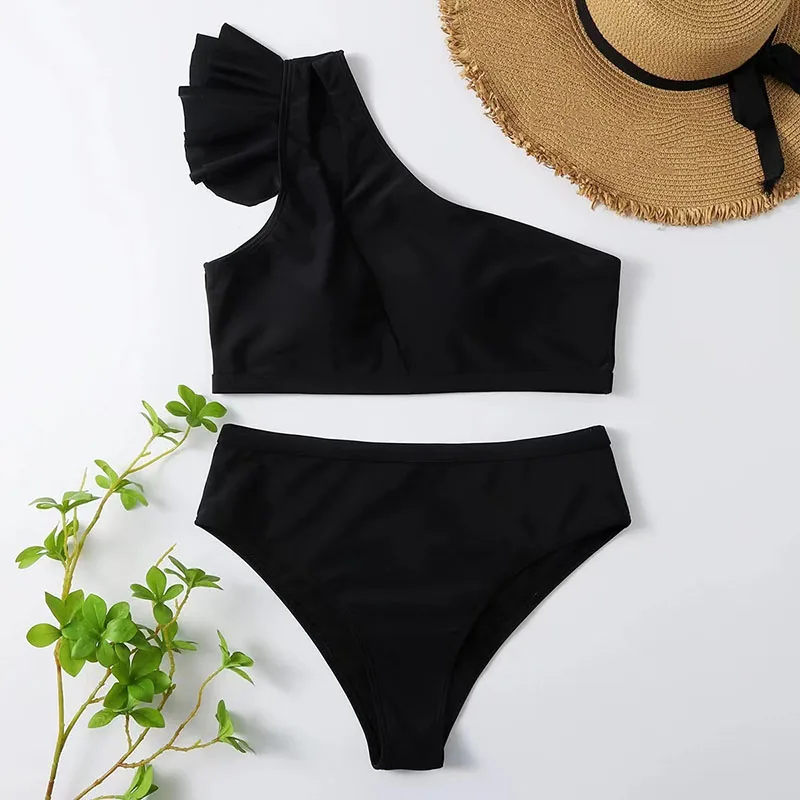 One Shoulder Cut Out Bikini Set Solid Swimsuit Women High Waist Swimwear Push Up Brazilian Bathing Suit Female Bikinis 2024 New