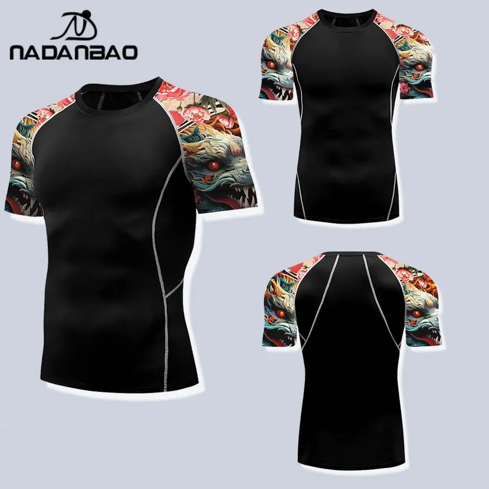 Nadanbao-ملابس سباحة للرجال ، طباعة ثلاثية الأبعاد ، قمم أزياء سوداء ، ملابس سباحة صيفية للشاطئ ، أكمام قصيرة ، بذلة سباحة لركوب الأمواج