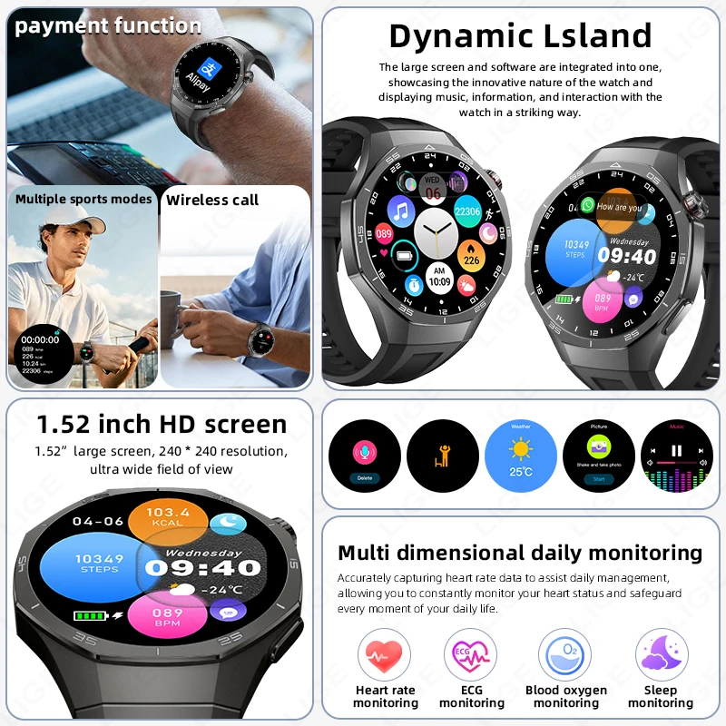 LIGE For GT5 Pro Smart Watch ECG Heart Rate Health Monitoring Bluetooth Call Bracelet Dynamic Island Men Fitness Smartwatch 2026
