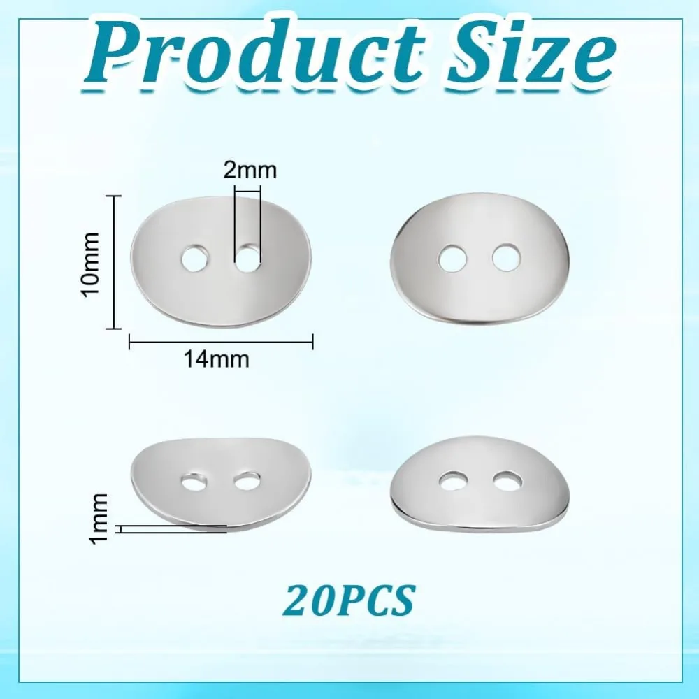 20pcs 304 Stainless Steel Sewing Button Curved Flat Oval Buttons with 2-Hole for Bracelet Making and Crafting 14x10x1mm Hole 2mm 2