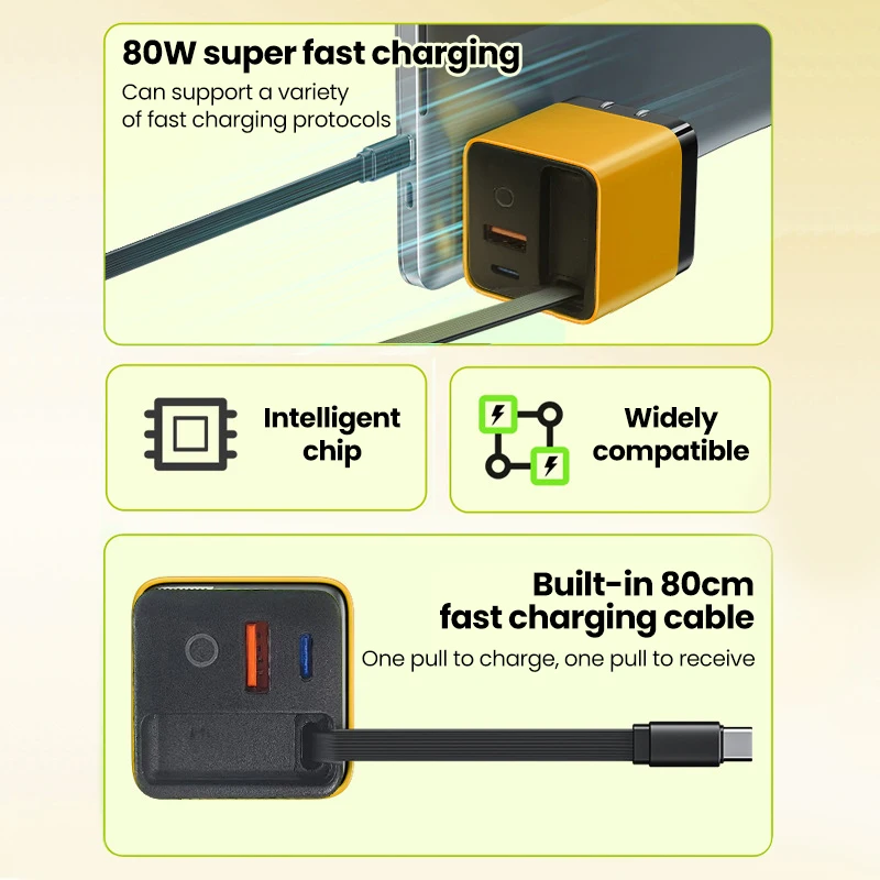 High-Power 80W USB Charger with Retractable Type-C Cable for Fast Charging Devices
