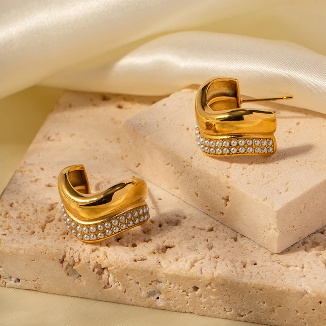 Waterproof 18k Gold Plated Stainless Steel Earrings Triple Layer Mini Pearl  CC Hoop Earrings for Women - AliExpress