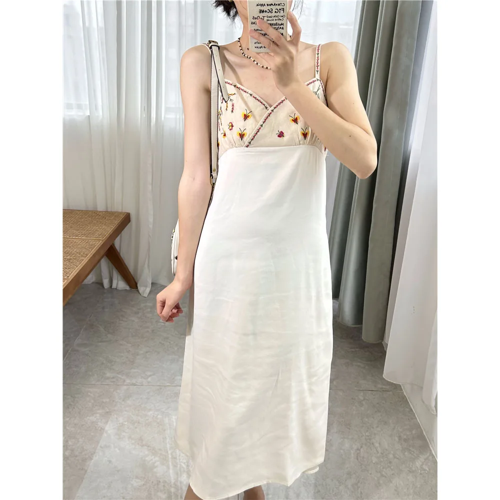 

Women Floral Embroidery Strap Linen Viscose Midi Dress 2023 Summer Vacation New In