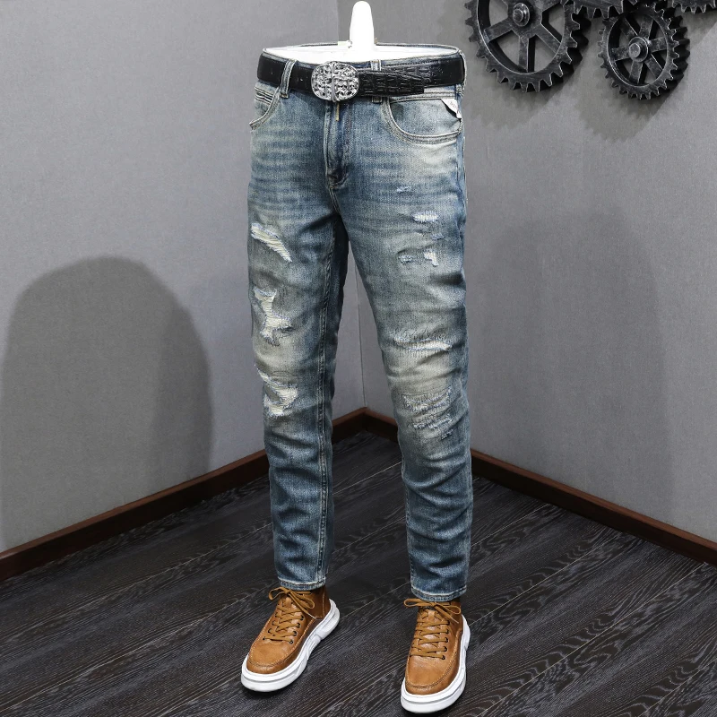 Fashion Designer Men Jeans High Quality Retro Washed Blue Stretch Slim Fit Ripped Jeans Men Patched Vintage Denim Pants Hombre