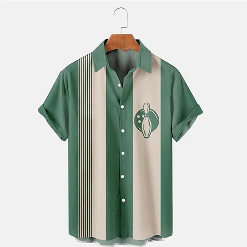 Bowling Pattern Summer Beach Hawaiian Shirt Man Camping 3d Vintage Stripe Short Sleeve Casual Vacation Imported Clothing Floral