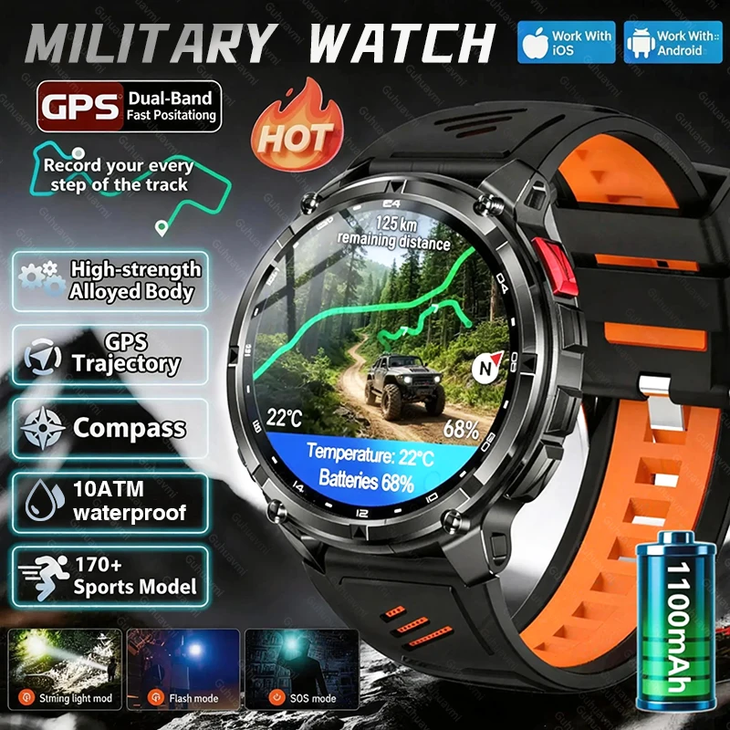 2026 New Military 1100mAh Big Battery Outdoor Smart Watch Men GPS Path Compass 10ATM Waterproof Call AMOLED HD Sport Smartwatch 1