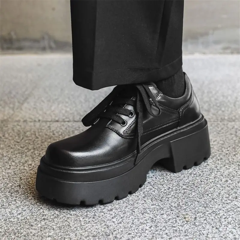 Square Head British Small Leather Heightened Thick-soled Men's Popular Muffin Bottom Formal Wear Business Casual Derby Shoes