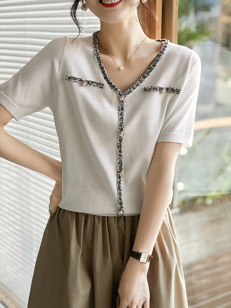 

Knitted Tshirt Female Summer 2022 V Neck Thin Knit Women Tops Vintage Short Sleeve Patchwork T-shirt Ladies Clothes Tee Shirt