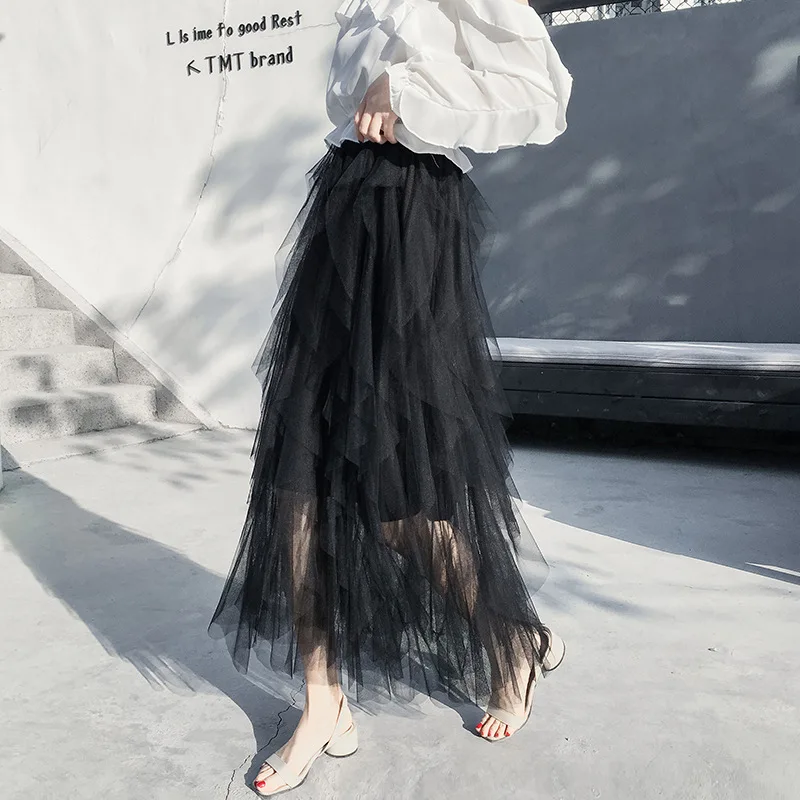

Women's Spring/Summer Korean Edition High Waist Mid length Mesh Half length skirt Fashion Solid Color Fairy Irregular Cake skirt