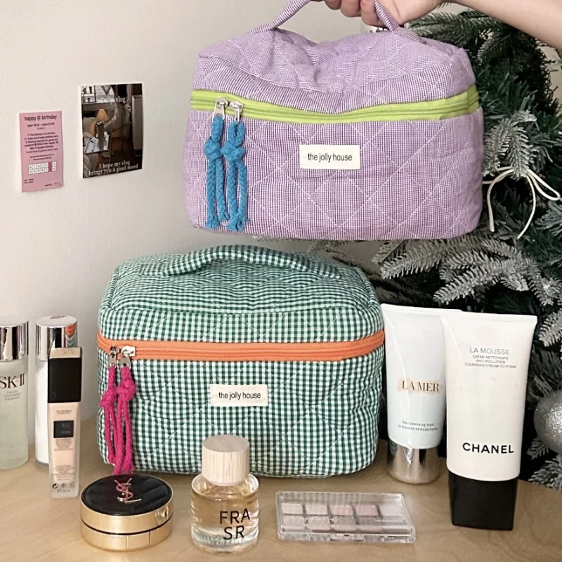 Ladies' Color Blocking Checkered Makeup Bag Women's Ins Large Capacity Makeup Brush Storage Bag 3
