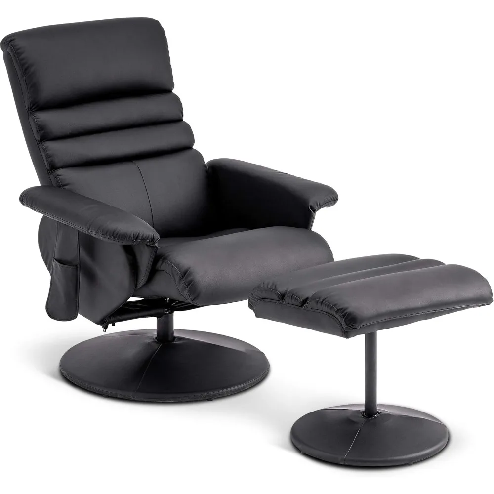 Recliner with Ottoman, Reclining Chair with Massage, 360 Swivel Living Room Chair Faux Leather 7902 (Black)