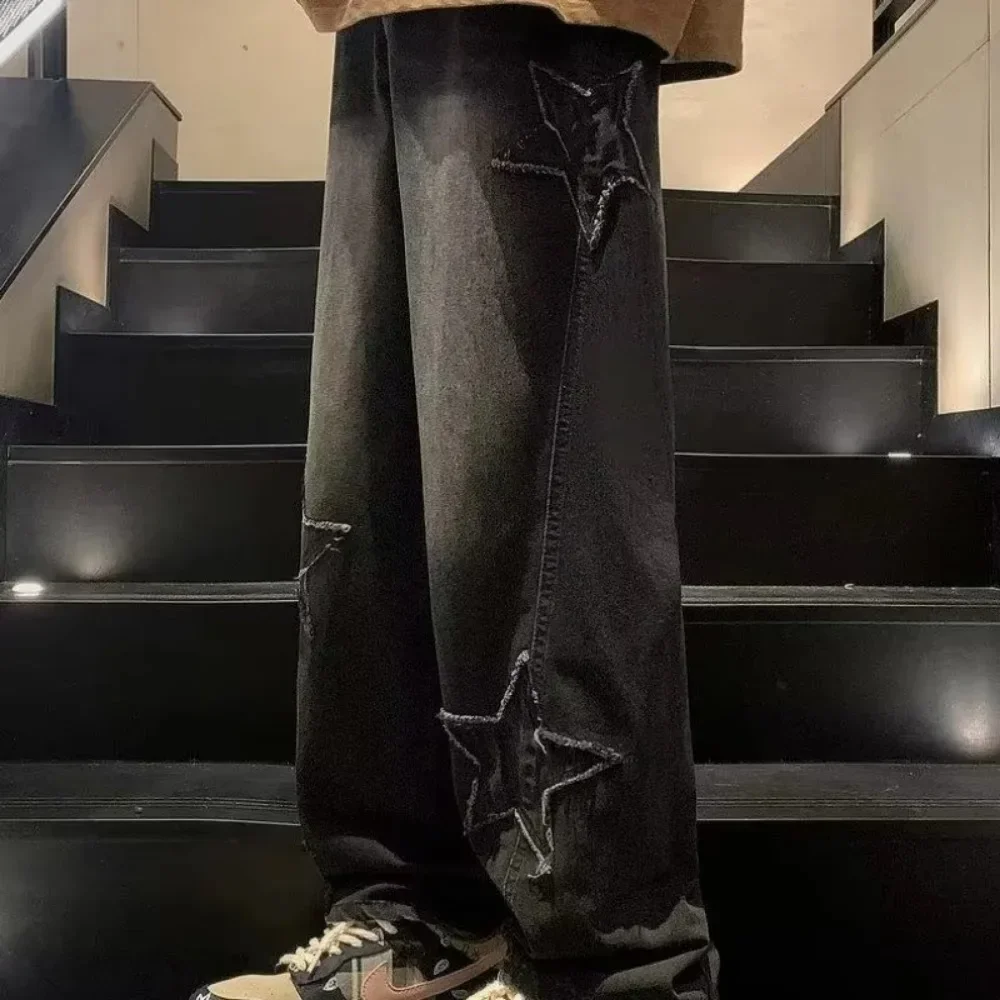 Y2K American Fashion Jeans men Vintage Streetwear Star Aesthetic Spliced Denim Straight Loose Mop Wide Leg cargo Pants men