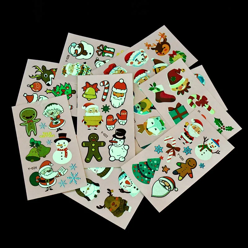 10Sheets Christmas Cartoon Pattern Tattoo Stickers Luminous Waterproof Kids Face Arm Body Temporary Tattoos Xmas Party DIY Decor