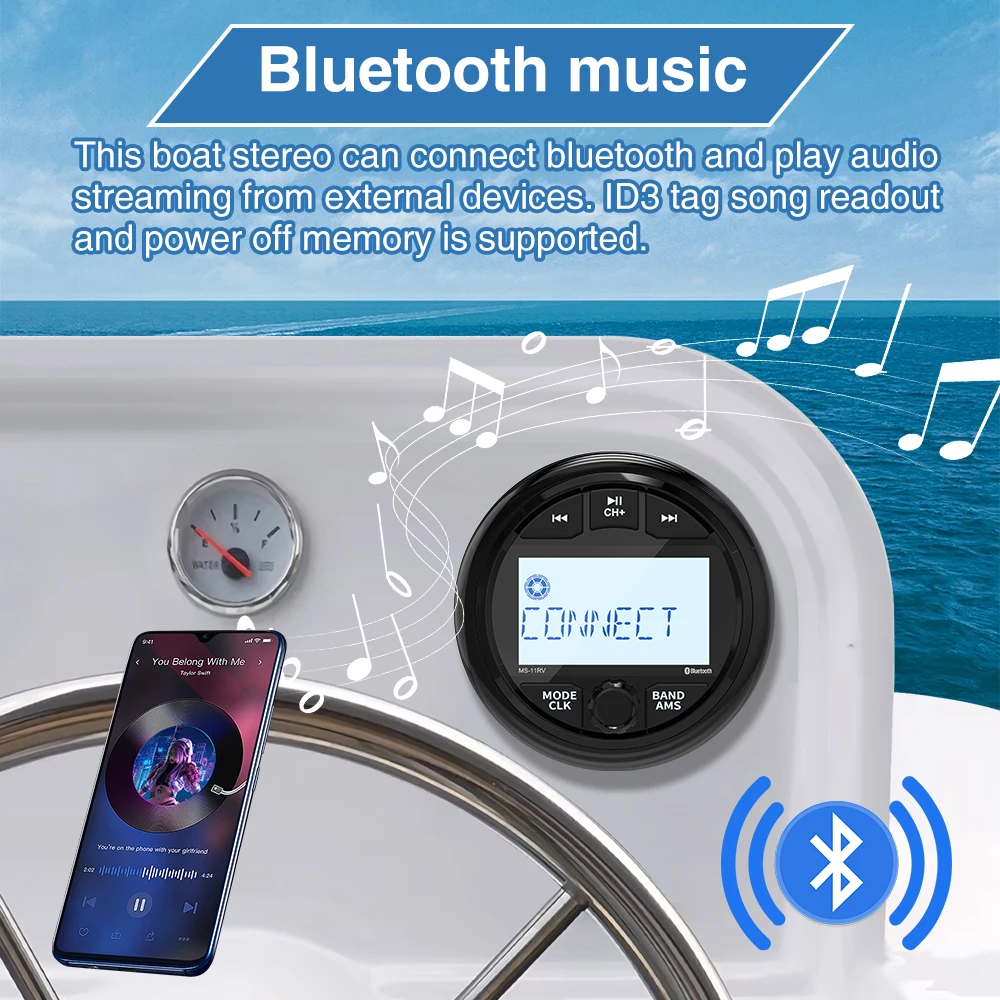 Boat radio player AKAMATE Marine Boat Radio Media Player MP3 Stereo Radio FM AM Receiver Waterproof Bluetooth AUX USB Widely for ATV UTV SPA RZR