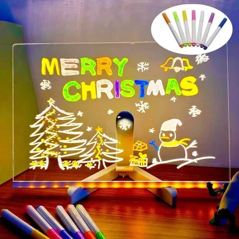 LED Drawing Board for Kids Magic Light Blackboard with Night Lamp Reusable Acrylic Message Doodle Toy Art Montessori Kids Gift