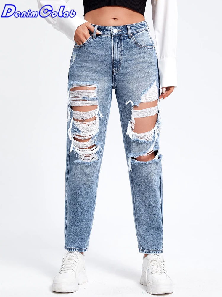 

Denimcolab 2023 New Crazy Holes Style Women's Jeans Non Stretch Denim Straight Pants Ladies Streetwear Loose Ripped Jeans