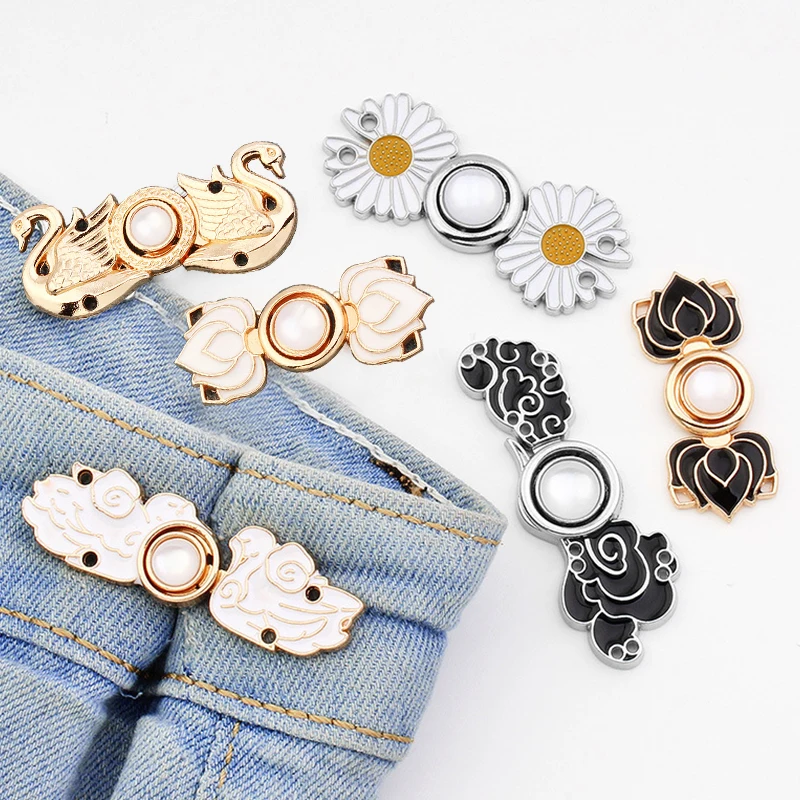 

Sewing Waist Button Adjustable Rhinestone Floral Disassembly Jeans Waist Button Metal Extended Buckles Pant Waistband Expander