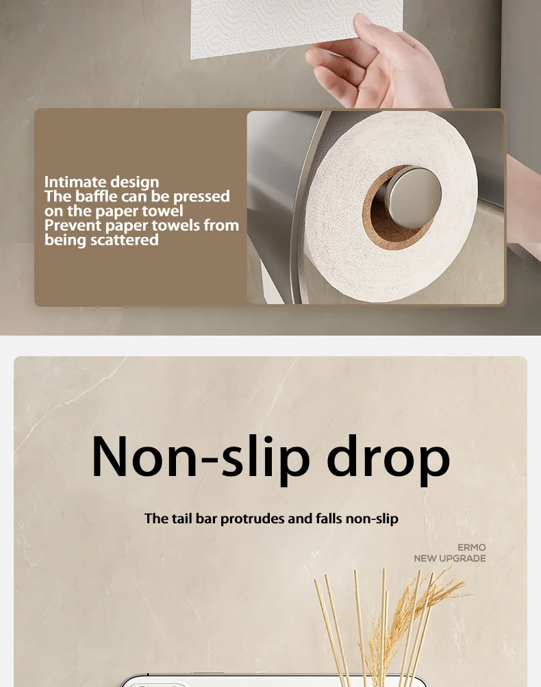 Introducing the Bathroom Tissue Holder Wall-Mounted Aluminum Holder, designed to prevent scattering. The image showcases its non-slip, anti-rust construction, featuring a close-up of the holder and its easy wall-mounted installation—ideal for improving functionality in any bathroom.