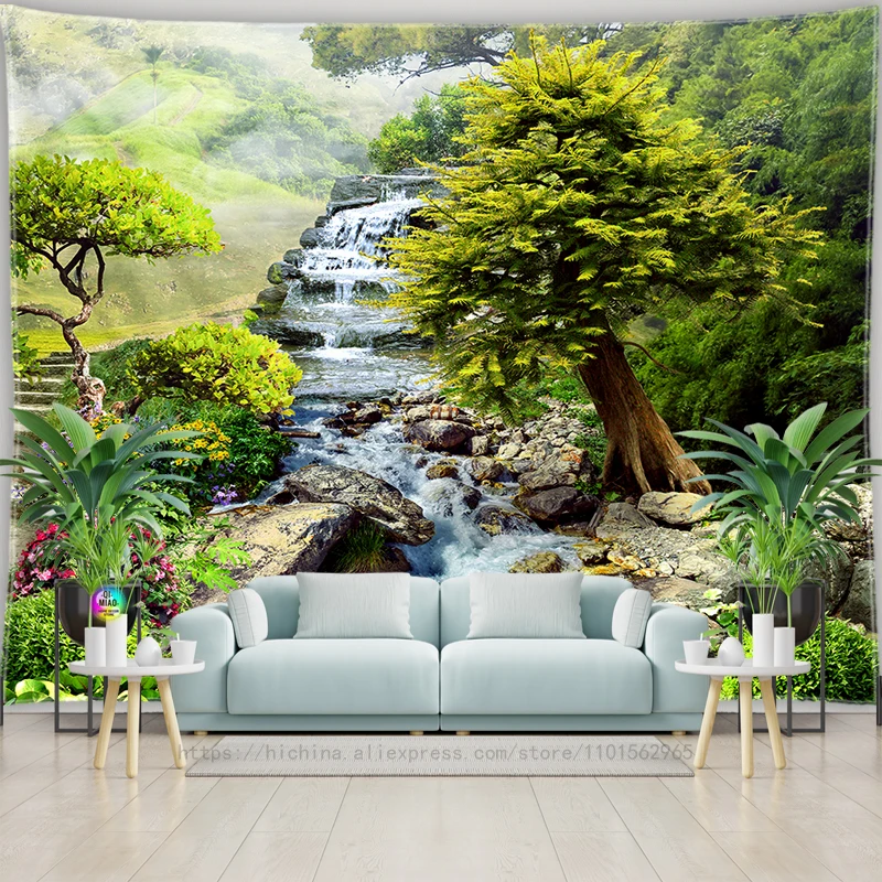Europäische Landschaft Wandteppich Natürliche Meerblick Wasserfall Ästhetik Böhmischen Hippie Wohnkultur Landschaft Wandteppich Hängen – Detail 17