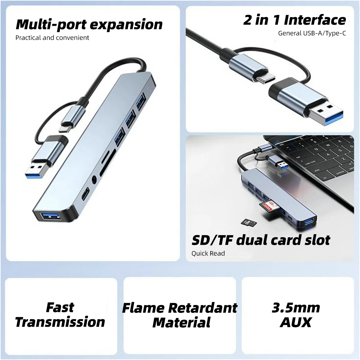 8-in-2 USB-C Hub Multiport Adapter with USB 3.0 Expansion