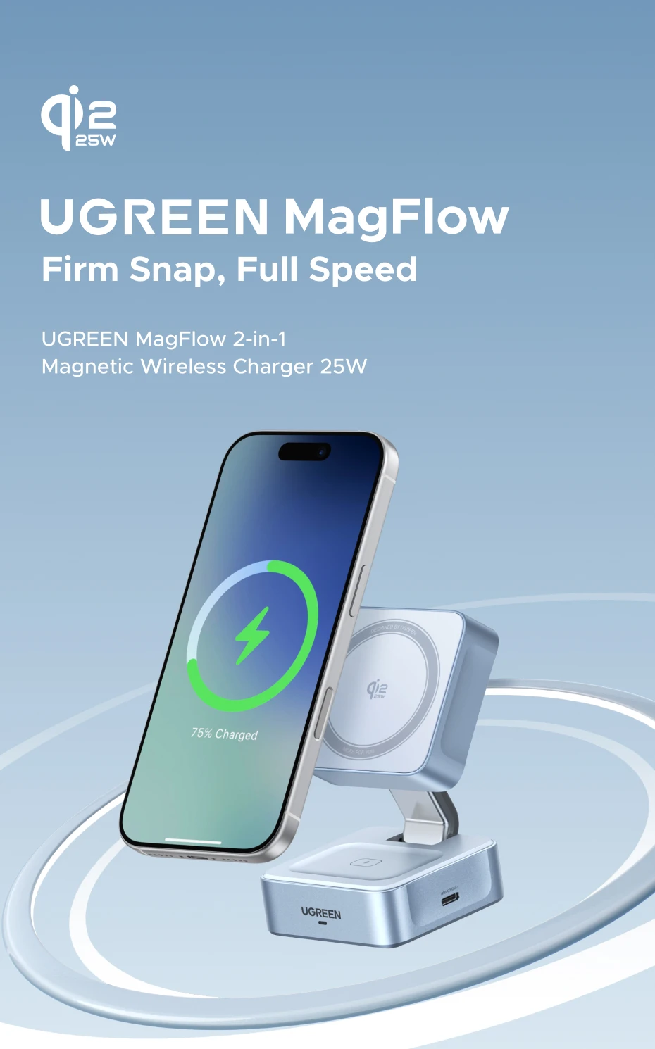 thumbnail image 2 of Qi2 25W]UGREEN MagFlow Magnetic Wireless Charger 25W Fast Charging Pad With Braided Cable Compatible With Iphone 17 16 Pro 16 Pro Max I.64922227 2 of 14