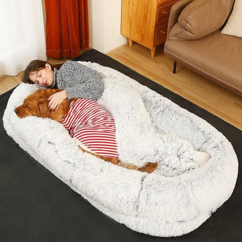 

Big Dog Bed for Humans Napping w/ Blanket - Grey/Black Faux Fur Plush Dog Bed for Adults Doze Off Accessories Pet Large Dogs