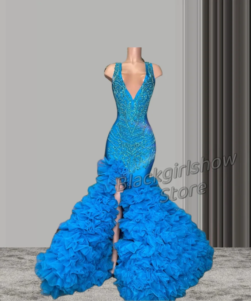 

Royal Blue Mermaid Prom Party Dress 2024 For Women Sparkling Diamante Applique Split Lace Long Vestidos Para Eventos Especiales