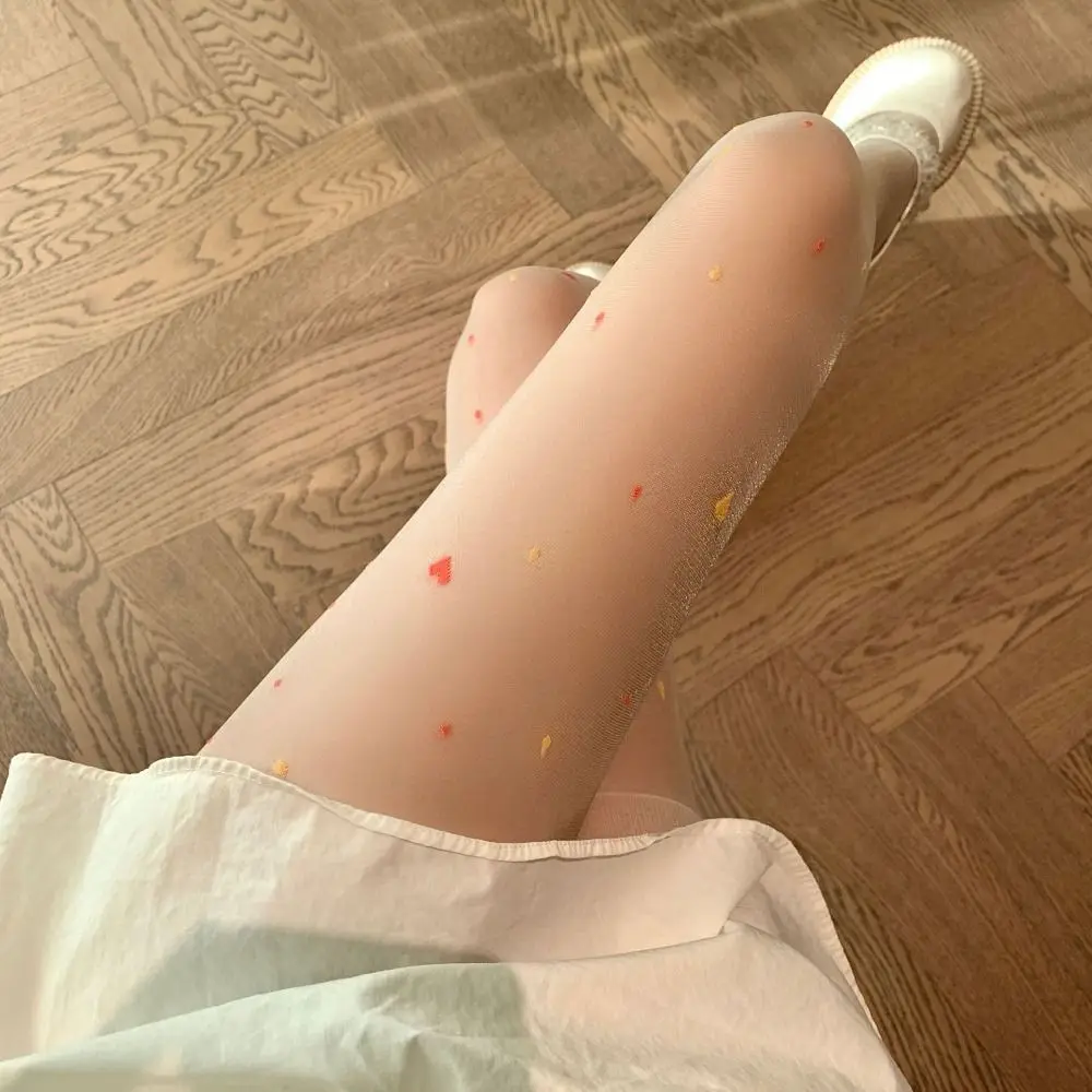 2Pcs Fashion Transparent Heart Long Tights Nylon Ultra-thin Colorful Dot Stockings Harajuku Lolita JK Style Leggings Women Girl