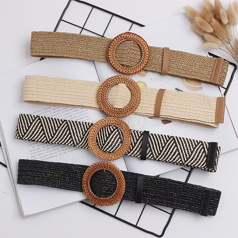 

Women Braid Belt Female Bohemian Knitted Straw Round Square Buckle Woven Waist Belt For Pants Dress Ladies Strap