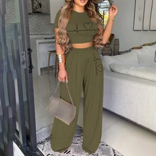 

Spring Summer Women O Neck Heart Print Short Sleeve Sexy Crop Top Wide Leg Pants Set Two Piece Suit Holiday Beach Clothes Casual