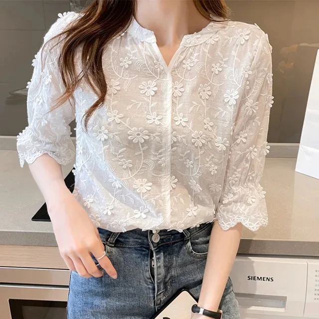 Women's Cotton Short Sleeve Lace Blouse, Summer Tops, Embroidery Floral, White Shirt, Fashion Casual Blouses, 9638 2