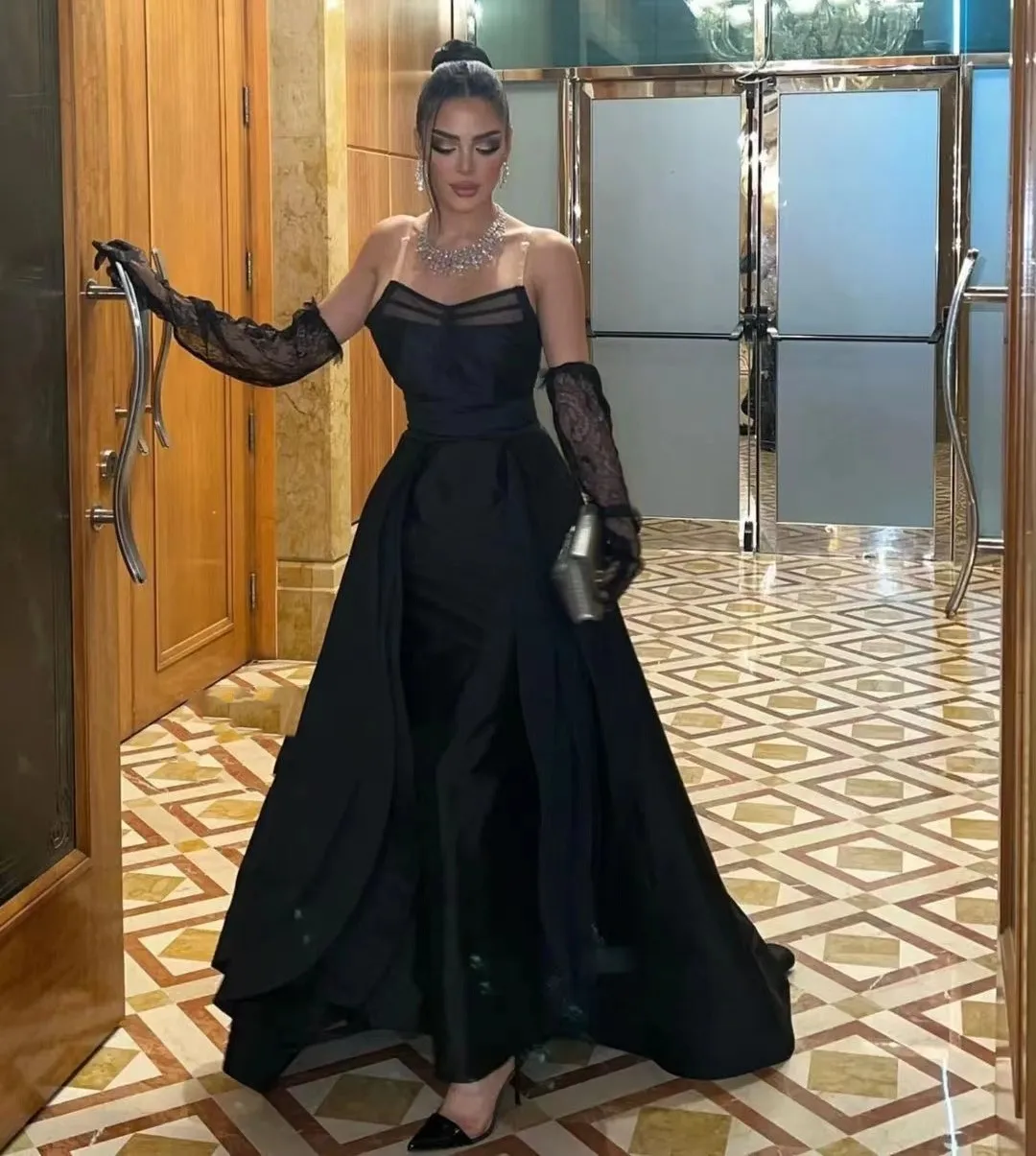 

Koendye Saudi Arabia Women Wear Black Sheath Prom Dresses Sweetheart Zipper Evening Party Gowns Overskirts Robes De Marrige 2024