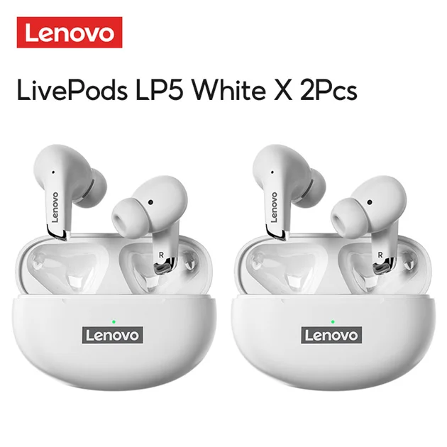 Lenovo LP5 Wireless Headphone TWS Bluetooth Earphones 9D Stereo Sport Headset Waterproof Bass Earbuds Touch Control with Mic LP5 White 2pcs