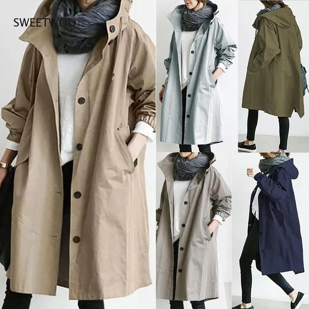 

2022 Women Autumn Solid Color Pocket Hooded Windbreaker Long Trench Coat Outerwear Women clothing