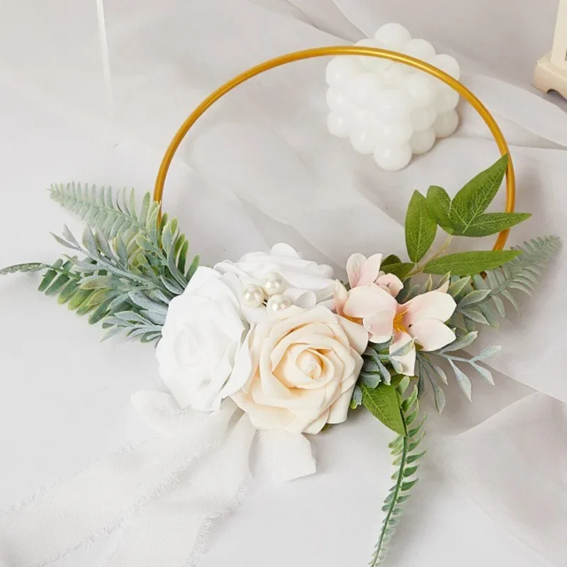 1pc Wedding Gold Hoop Bouquet,bride Ridal Shower Wedding Decor Wreath Rose Flowers and Ribbon for Nursery Wall Decor