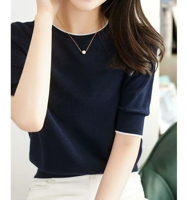 Maglietta Donna Manica Corta In Viscosa | Top Elegante A Maglia | Scollo A V | Tinta Unita - Foto 8