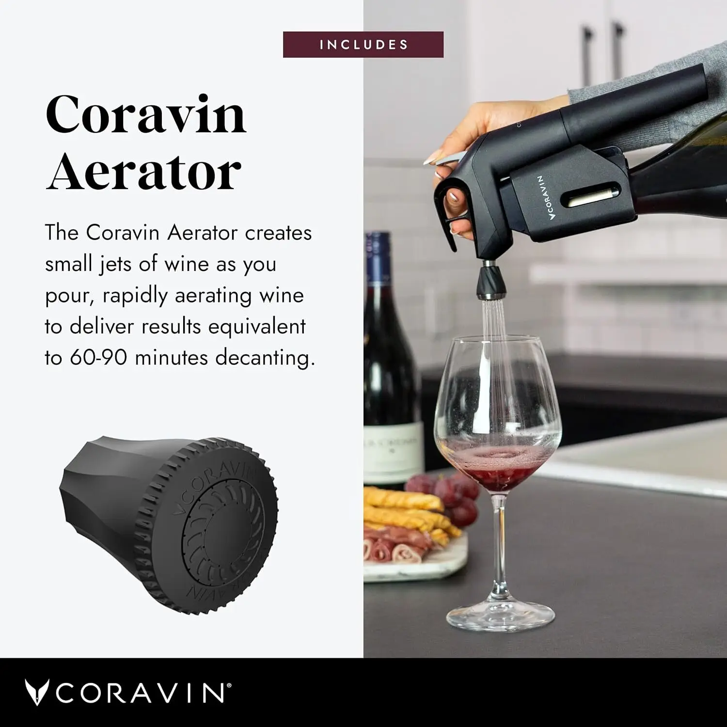 Timeless Three Plus Wine Preservation System-By-the-Glass Wine Saver-With 2 Pure Argon Gas Capsules & Aerator