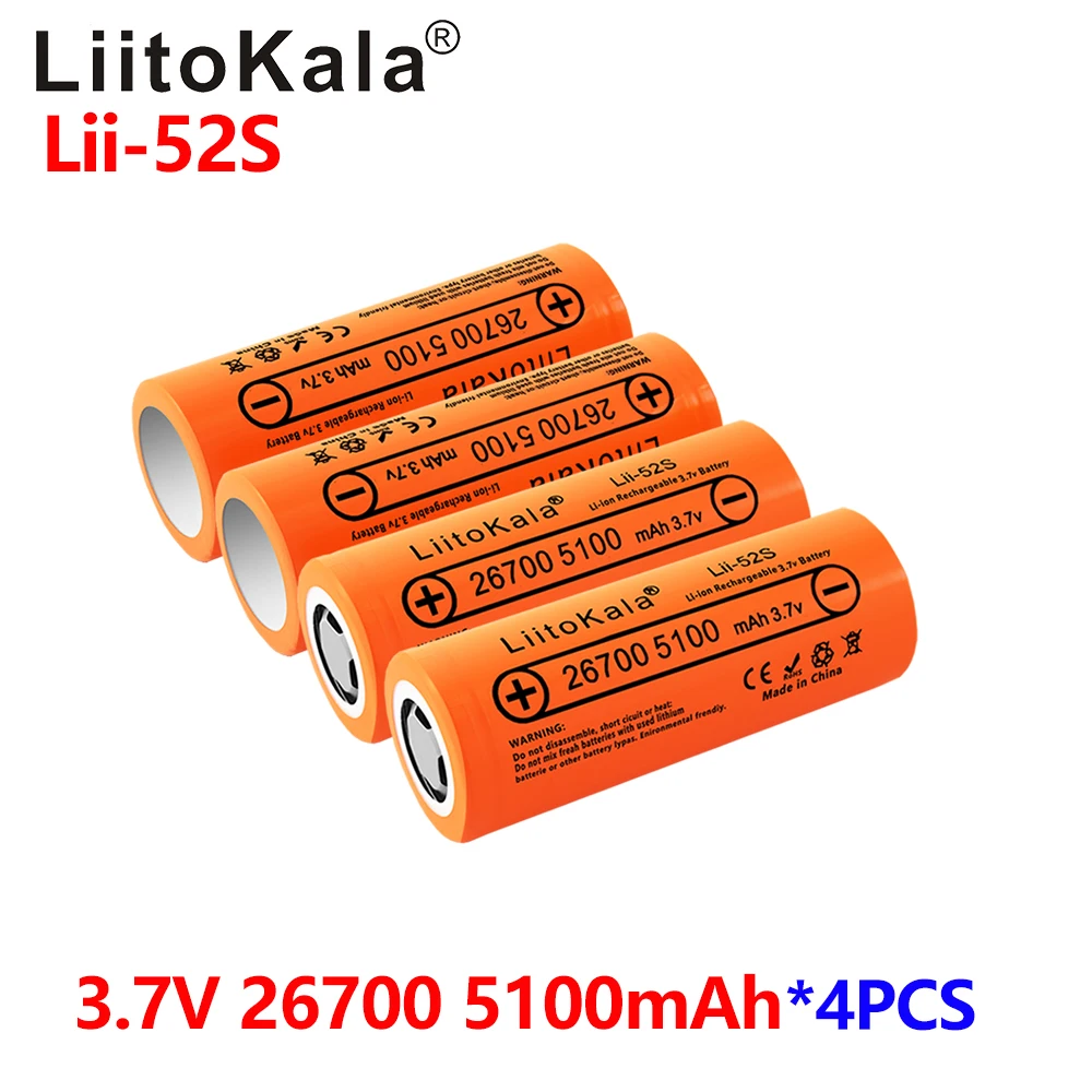 

4pcs Liitokala LII-52S Grade A 3.7V 26700 5200mAh 20A Power Rechargeable Lithium Battery 3.7V 5200mA Suitable for Flashlight