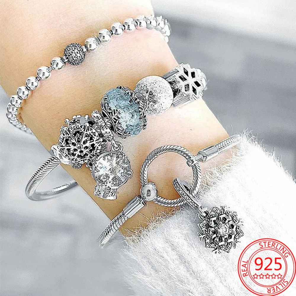 DALARAN Christmas Charms for Pandora Charm Bracelet Sterling Silver Snowflake Blue CZ Bead Pendant Charm for Women