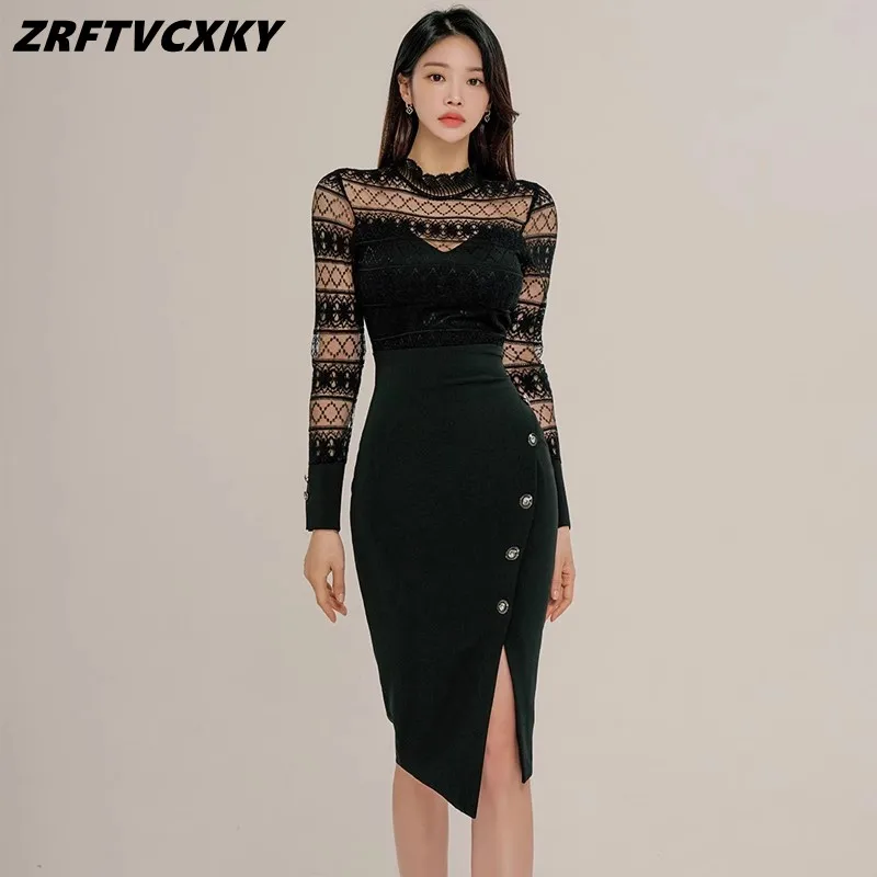 

Elegant Fashion Lace Patchwork Pencil Midi Dress Women's 2024 Spring Vintage Simple Bodycon Sexy Party Dresses Vestidos