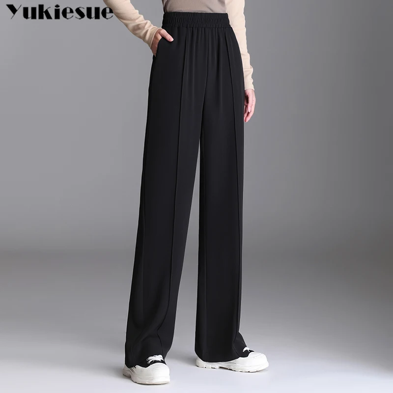 Women Chic Office Wear Straight Pants Vintage High Ladies Trousers