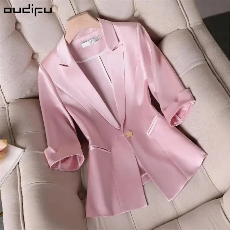 Acetic Acid Elastic Satin Slim Waist Versatile Women's Suit Summer Jacket Slim Fit Three Quarter Sleeve Professional Blazer Coat