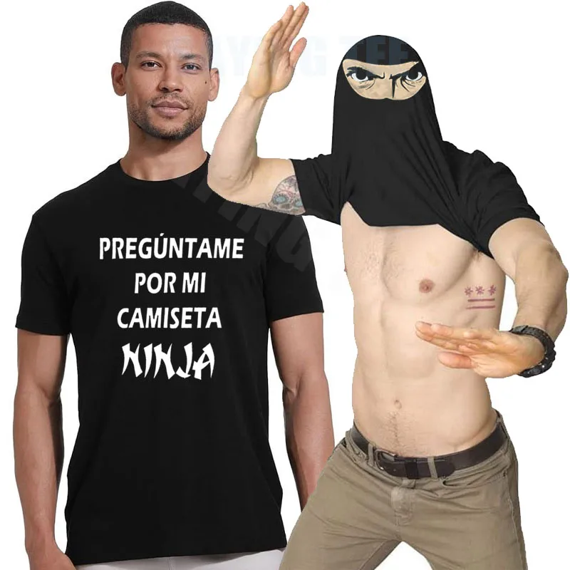 Fragen Sie mich nach meinem spanischen Ninja-T-Shirt Y2k. T-Shirt mit spanischem Spruch „Fragen Sie mich nach meinem Ninja-Verkleidungslook“. Personalisierte Kleidung als Geschenk.