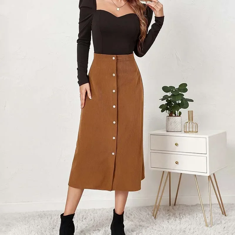 

New Single Breasted 2024 Sexy Women Skirts Zipper Office Lady Midi Skirts Warm Autumn Winter A-line Skirt Outwear Buttons L017