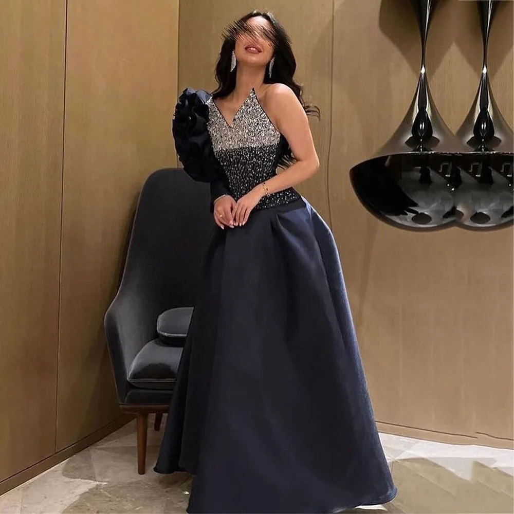 

Exquisite One-Shoulder Sexy A-Line Draped Floor-Length Prom Gown Satin Flowers Vintage Long Sleeve Elegant Party Dresses